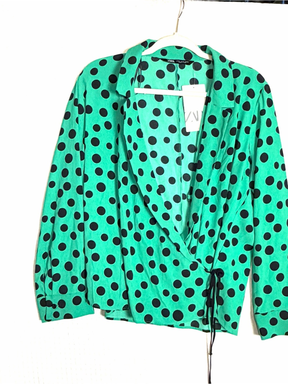 NEW Zara Polka Dot Wrap Top Blouse Green Black Long Sleeves Womens Size XL